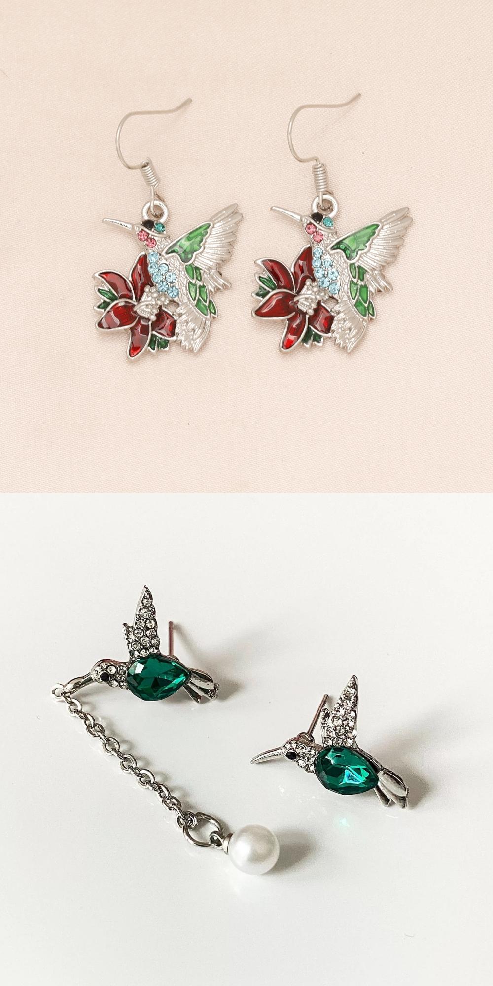 Adults' Korean-Style Hummingbird Drop Earrings - Colorful Silver-Tone Alloy Jewelry with Crystal Water Droplet Pendants