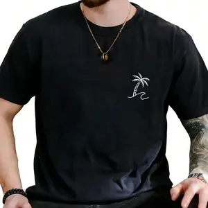 Minimalist Beach Themed T-shirt with Palm Tree and Wave Graphic, For Women, For Men [180G 100% cotton, lightweight and breathable, soft and comfortable]