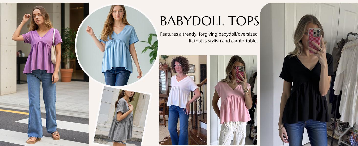 Cicy Bell Womens Summer Peplum Tops Oversized Babydoll Short Sleeve V Neck T Shirts Casual Loose Pleated Swing Blouse
