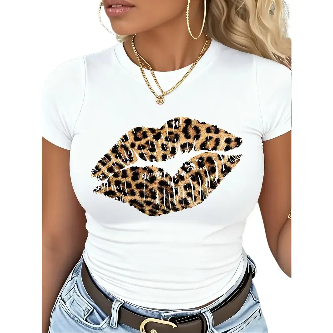 Womens Cotton Short Sleeve Graphic Tee Leopard Print Lips Shirt Cute Trendy Casual Summer Top For Streetwear Outfits Going Out Date Night Brunch, Apparel, Women's Tops