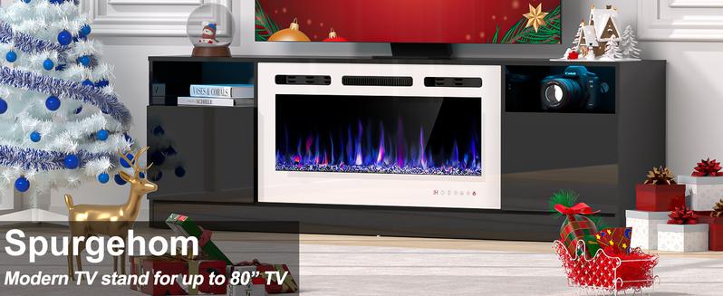 【2 Packeages Shipping】Spurgehom Fireplace TV Stand with LED Lights – 70-Inch Media Console for TVs Up to 80 Inches, Includes 36” Electric Fireplace & Storage Cabinet, Modern Entertainment Center for Living Room, Home Theater Upgrade