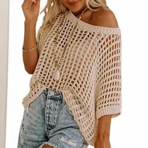 Women's Crochet Hollow Out Knit Top Sexy Oversized Mesh Net Sweater Casual Off the Shoulder Raglan Sleeve Summer Beach Cover Up Knitwear Womenswear