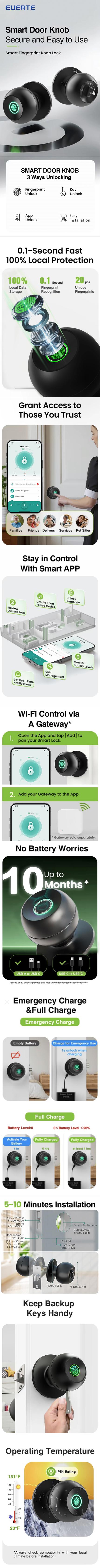 Valentine's Day Gift EUERTE Smart Fingerprint Door Lock 3-in-1 with TT App Control & 5S Auto-Lock Rechargeable Battery for Rooms Offices Apartments Warehouses Garages Black Friday Gift