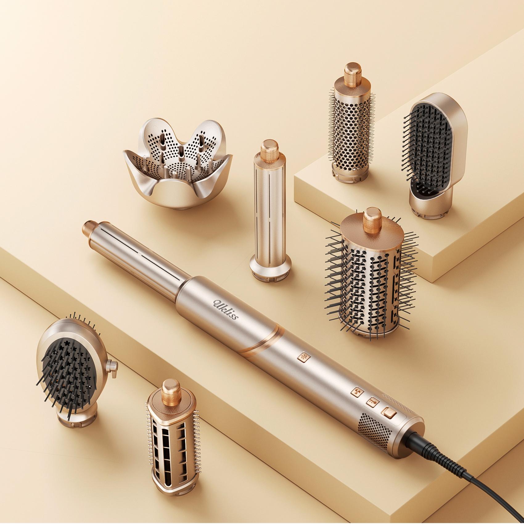 UKLISS FusionAir DIY HairStyler Airstyler Champagne Gold 90-Day Free Trial & Refund 2 Year Warranty 110000RPM HairCurler + HairStraightener + HairDryer + HotAirBrush + LowTemperatureHairCare + NegativeIons + BlowoutBoost + HairDiffuser + Fluffier