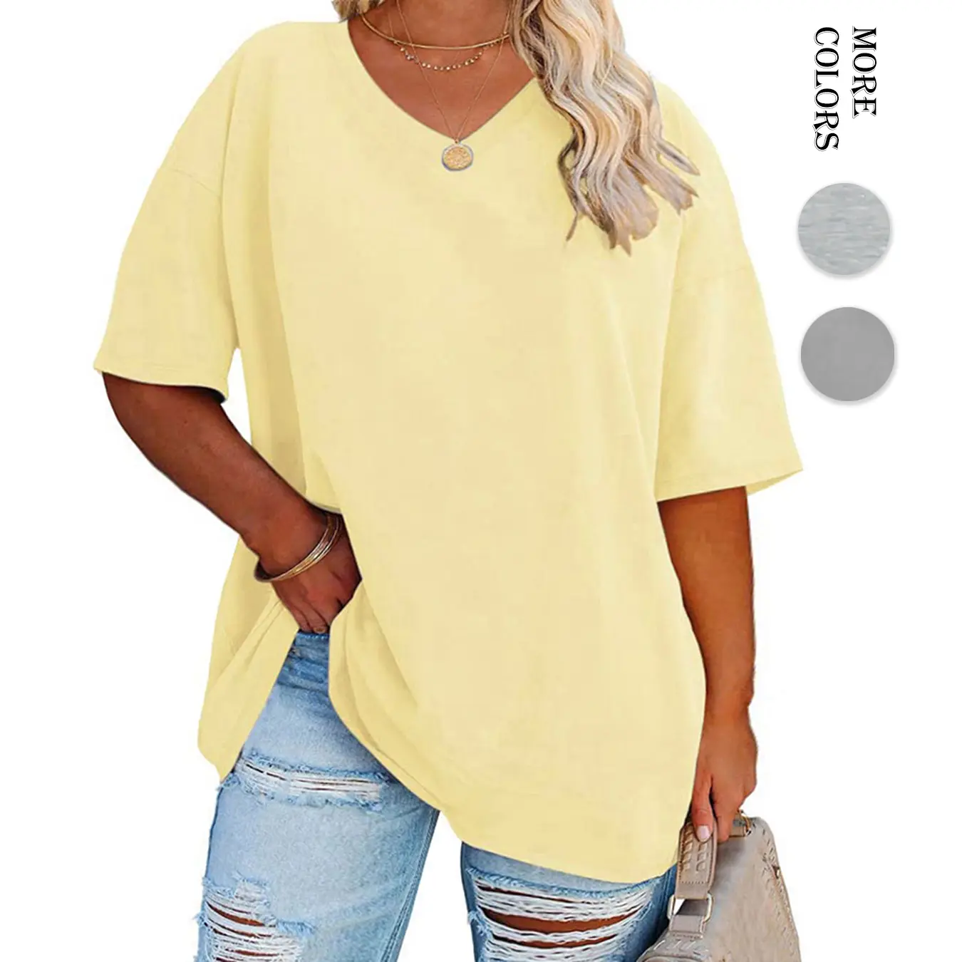 Renaishow Plus Size Women's Basic Comfortable Loose V-Neck Short-Sleeve T-Shirt, Everyday Fit Casual Drop-Shoulder Solid Color Top