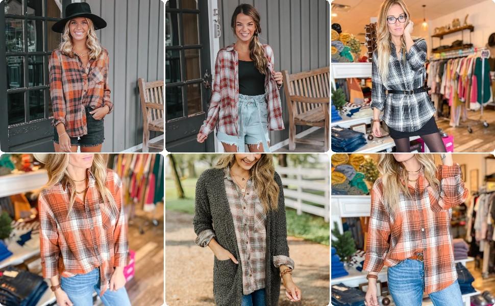 Goranbon Womens Long Sleeve Button Down Shirt Casual Plaid Flannel Shirt Collared Blouse Tops， Wine Red， XX-Large