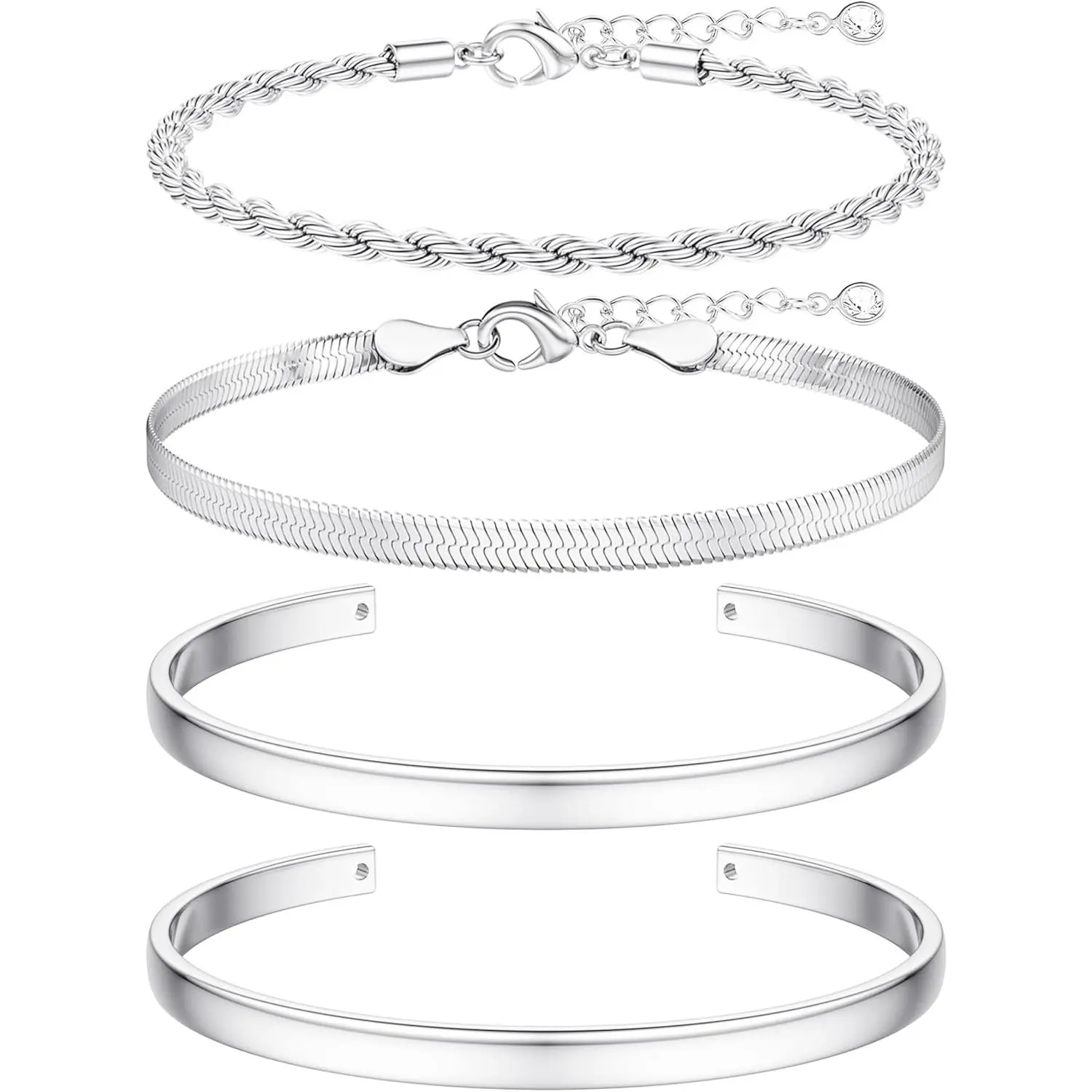 Chunky Silver Bracelets for Women, Stackable Bangle Cuff Bracelets for Women Non Tarnish Silver Bracelet Stack Layered Chunky Link Chain Cuff Bangle Bracelet