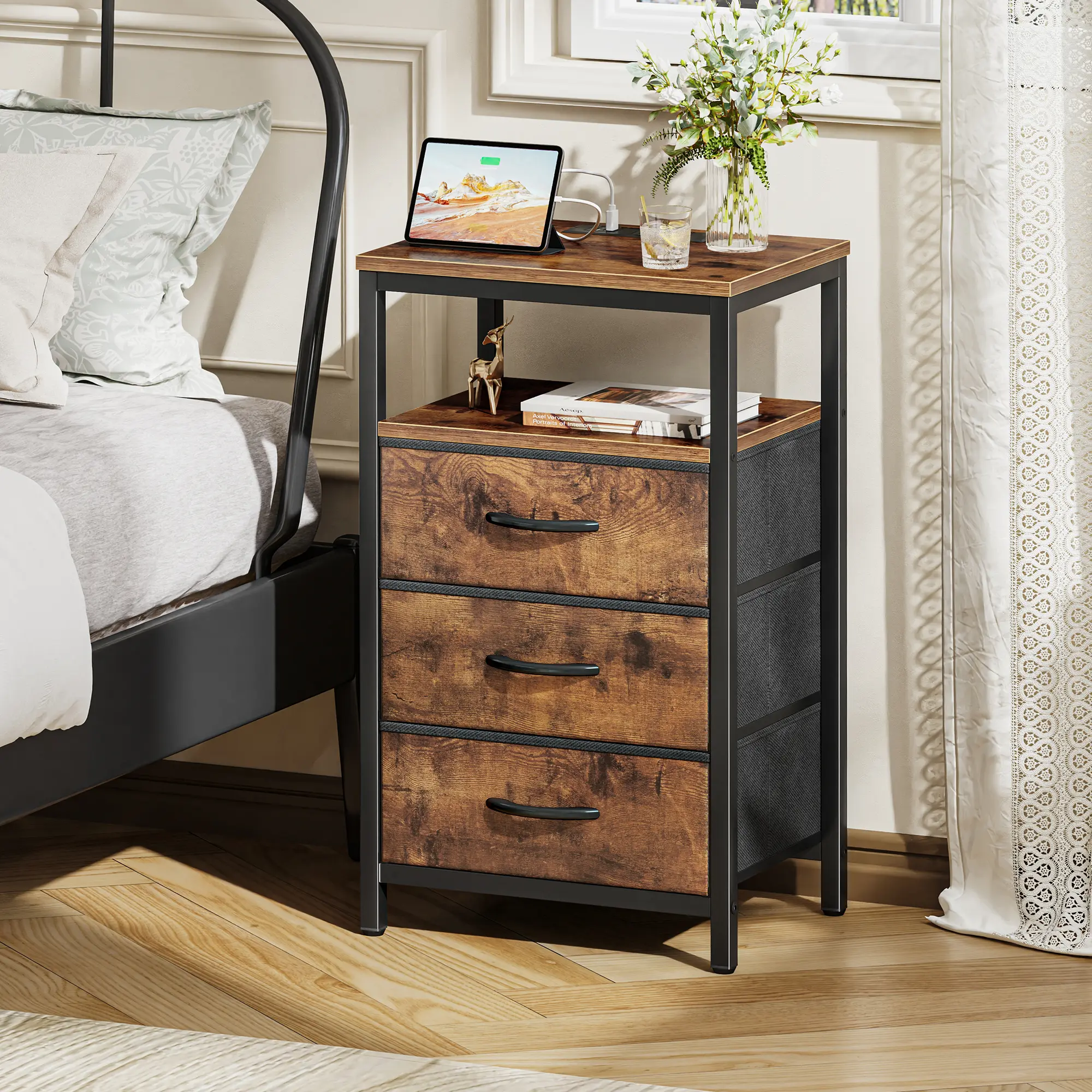 Huuger 27.6-Inch Modern Black Nightstand, Bedside Cabinet with Charging Station, Fabric Drawers, USB-C Port, Outlets, Indoor Furniture End Table for Bedroom Decor Ideas
