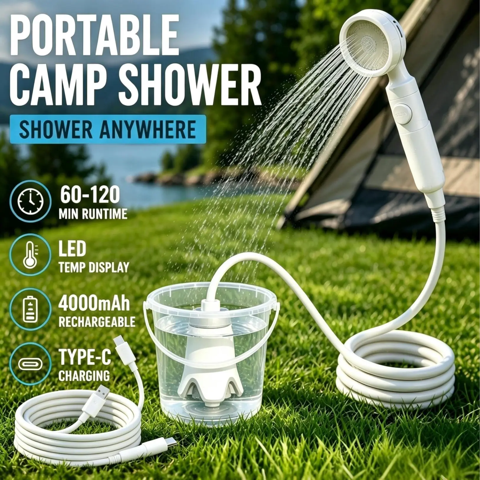 Wetough Portable Camping Shower Outdoor Camp Shower Pump,Upgrade Rechargeable Electric Shower Pump with Intelligent Digital Display Multiple Spray Modes for Camping, Hiking, Traveling