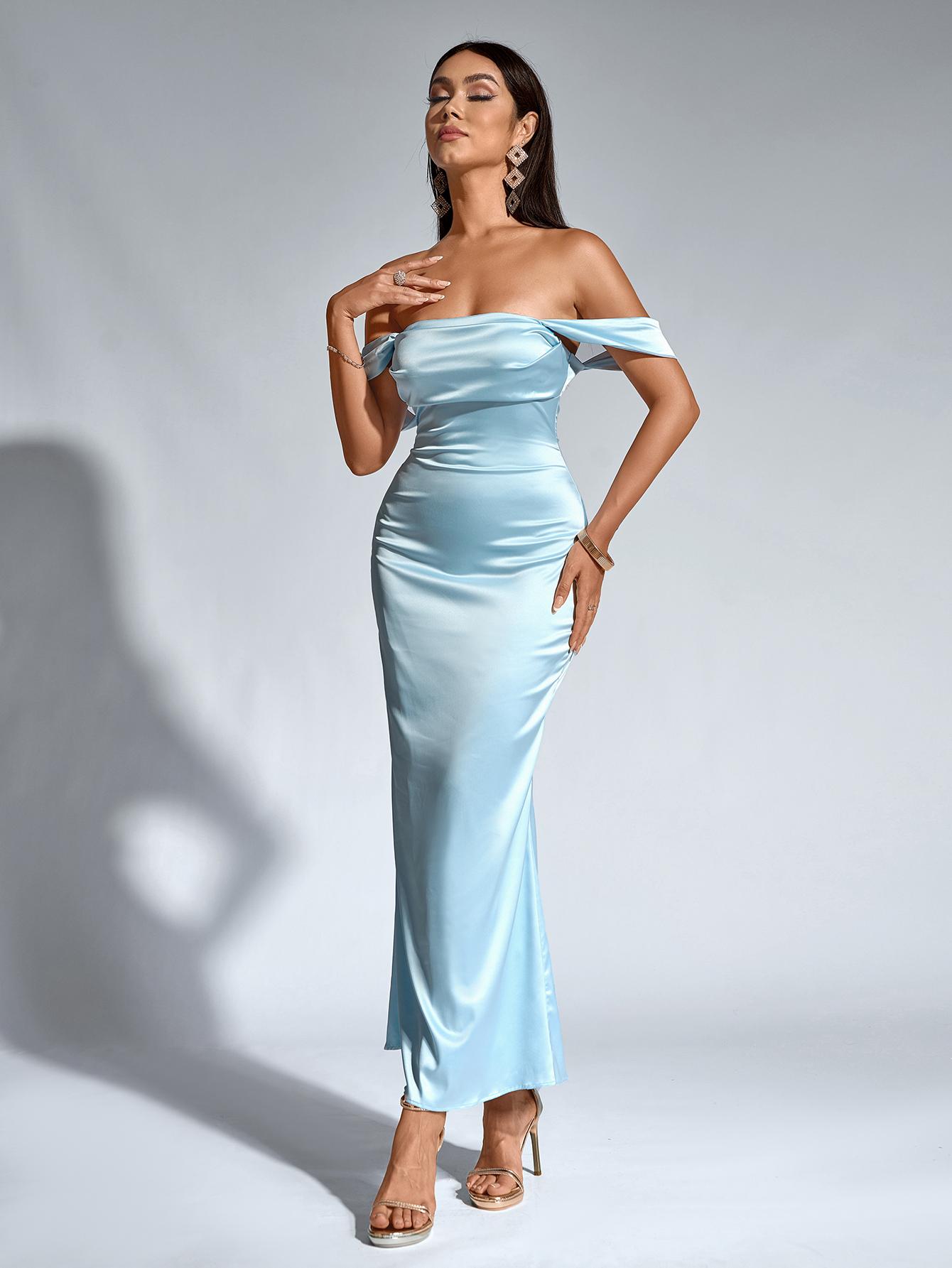 Off-neck Backless Ruched Bodycon Satin Dress,a Bodycon Long Dress Makes an Elegant and Stylish Prom Outfit Choice