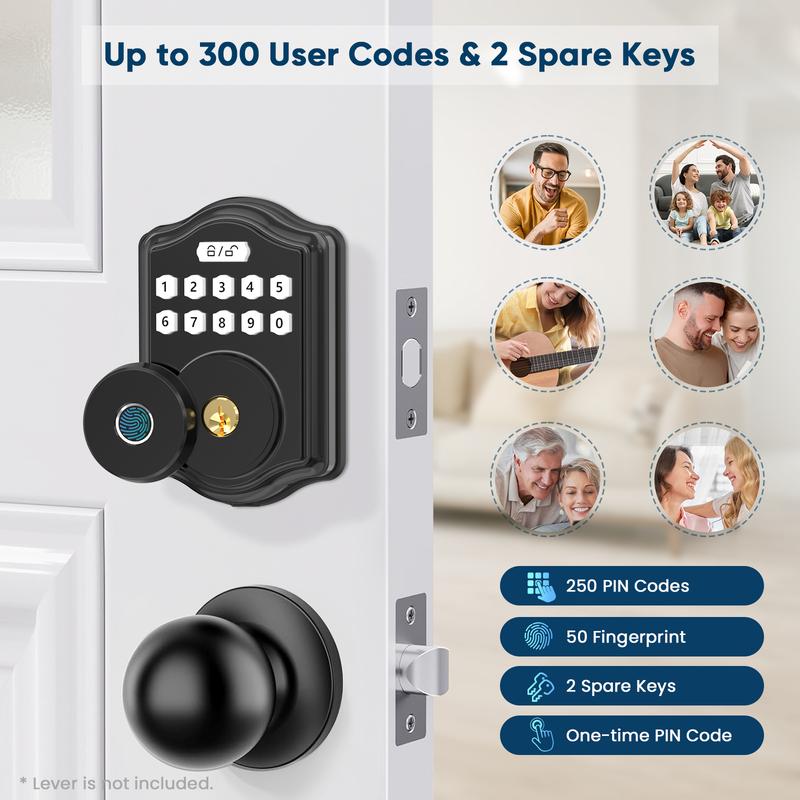 52hz AI Smart Fingerprint Door Lock with Code, Voice Guide, Password lock, Auto Lock, Easy to Install, Black Security-A3