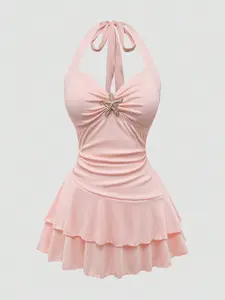 Sweetra Plus Size 2-Piece Swim Dress Set – Starfish Camisole Cover-Up with Swim Shorts