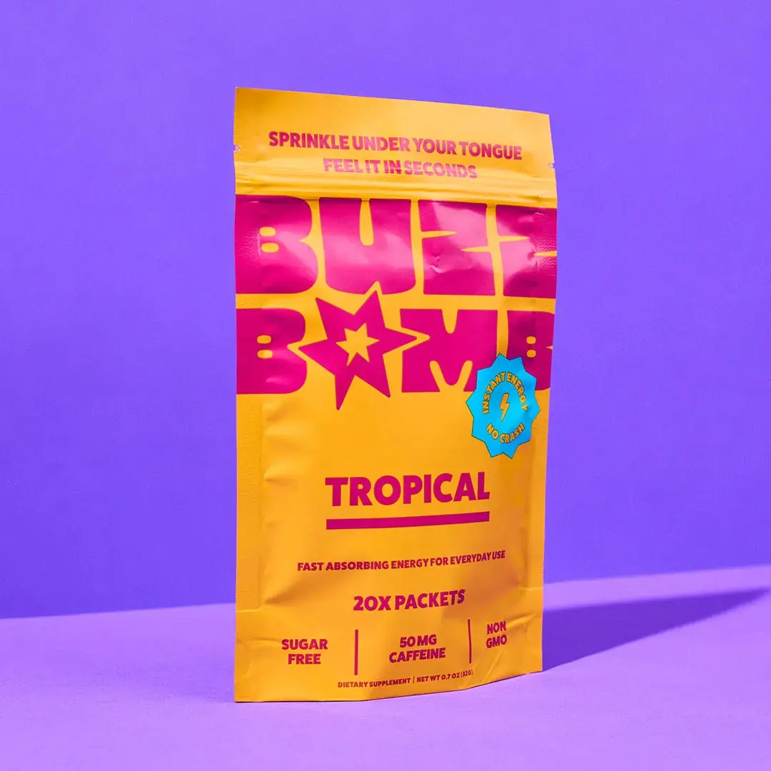 BUZZ BOMB Energy Packets, Under the Tongue Caffeine, 20 Count, Tropical | Energy without the Drink, Sugar Free, Clean Caffeine Powder, 50mg Caffeine