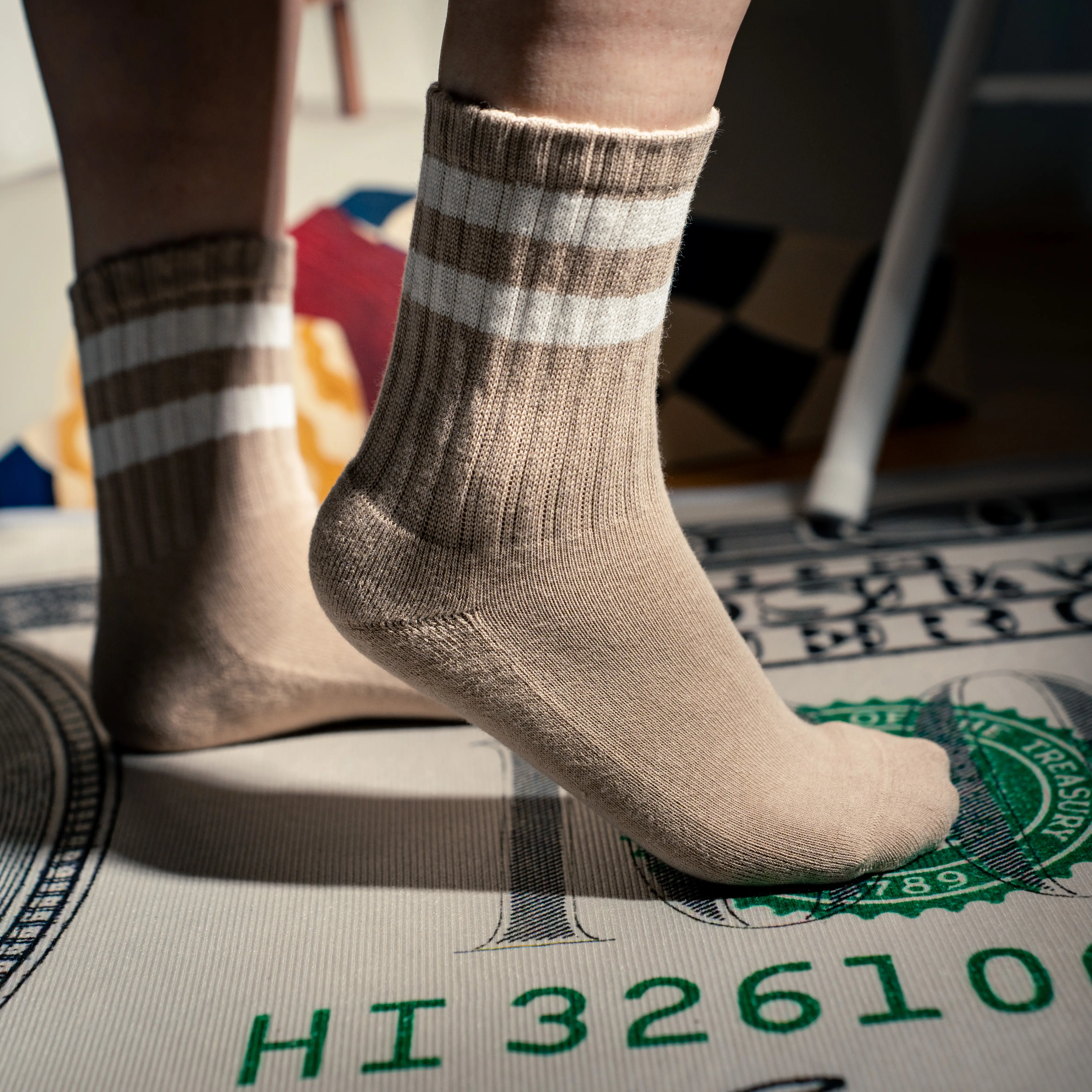 BomKinta Two Stripes Mid Calf Stackable Crew Socks Unisex Athletic Sports Socks Ribbed Top Sweat Wicking Breathable Anti-Odor Non Slip Comfort Casual Socks Suitable for Gym Running Yoga Everyday Wear Men & Women