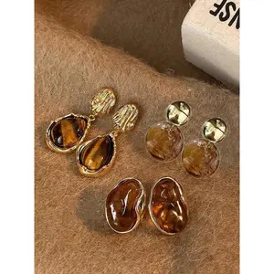 Vintage Tiger Eye Stone Decorated Earrings Set, Elegant Geometric Design Earrings for Women, Trendy All-match & Exquisite Jewelry for Birthday Gift