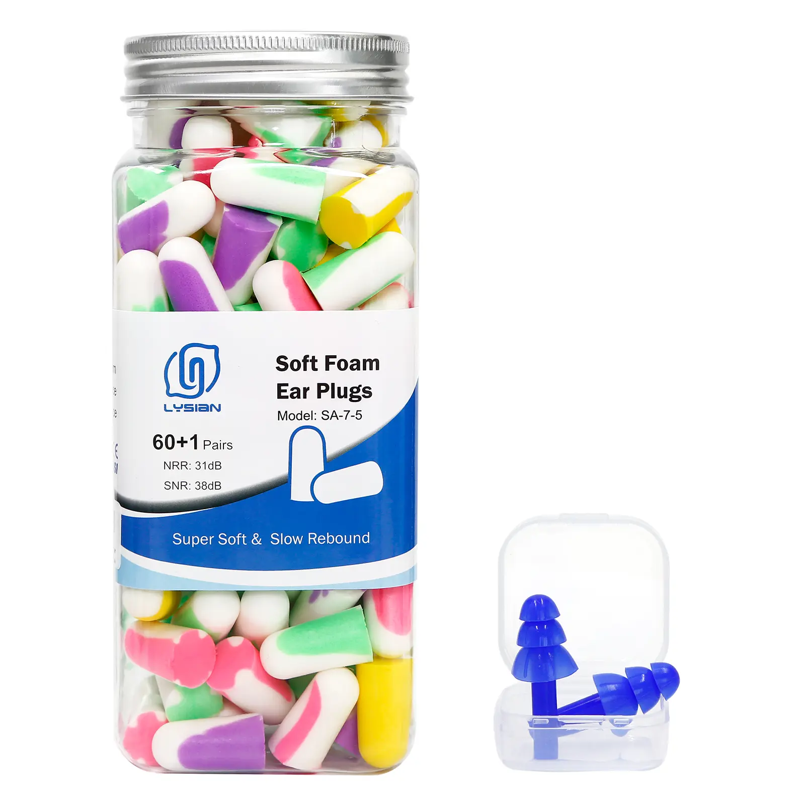 LYSIAN Ultra Soft Skin-Safe Foam Earplugs for Sleeping - 38dB Noise Reduction Earplugs for Shooting, Mowing, 61 Multi-Color Pairs, 60+1 Pair, Working, Studying
