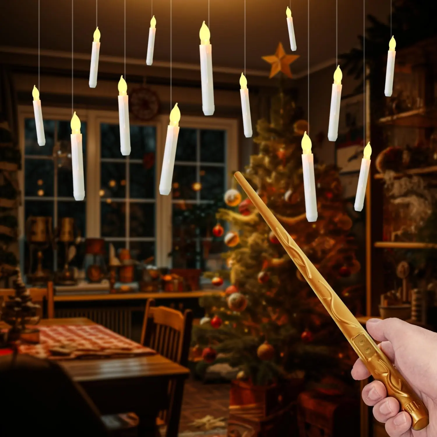 Floating Candles with Magic Wand, 12 PCS Hanging Flameless LED Taper Candles with Wand Remote, Flickering Warm Light Window Candles for Halloween Decorations, Witch Decor, Harry Wizard Party Decor