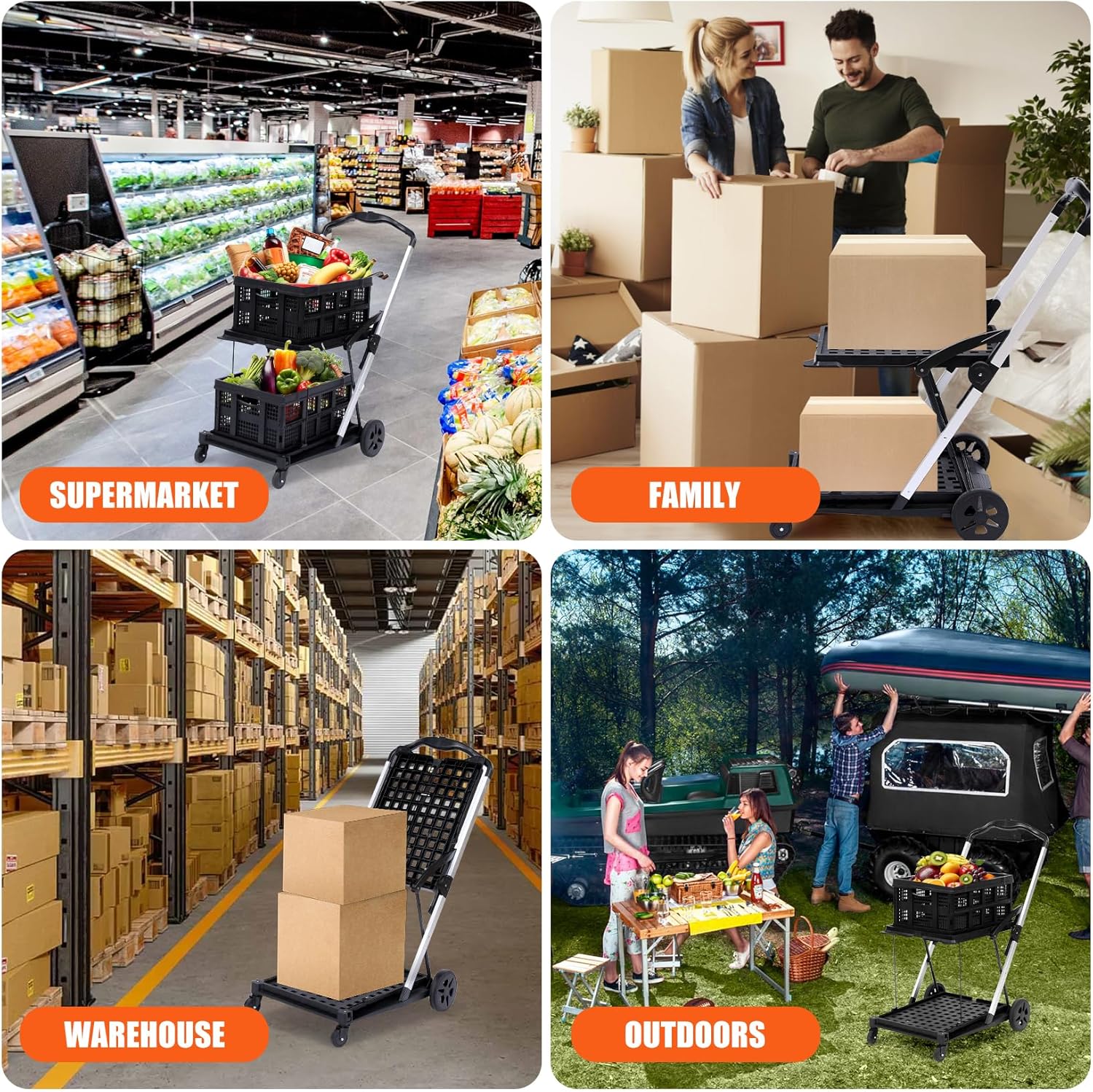 Folding Office Utility Cart with Wheels – 2-Tier Heavy Duty Hotel Rolling Organizer – Collapsible Multipurpose Trolley – Black, 2 Cargo Boxes