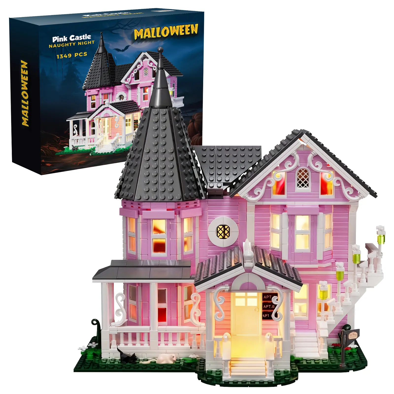 HGEOAI 1349Pcs Classic Halloween Pink Mansion Building Set with LED Lighting, Pink Palace Building Blocks Set, Providing Perfect Halloween and Christmas Toys and Gifts for Fans and Children Playhouse