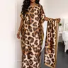 Moomoo Scarf Set Women's One-Size Leopard Printed Satin Kaftan Dress with Sleeves & Coordinating Scarf , Party Dress, Breathable Bohemian Style, Beach Vacation, Evening Casual Wear