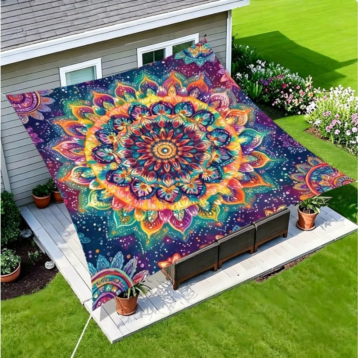 Sun Shade Sail Outdoor Canopy Mandala Rainbow Pattern Lightweight Portable Patio Backyard Beach Camping Picnic All Season Durable Outdoor Home Decor Accessory