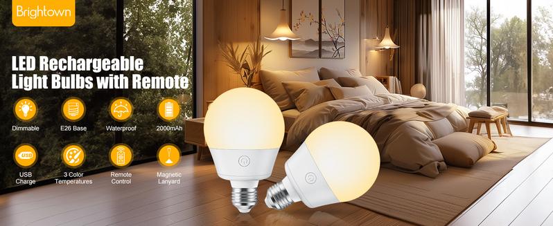 Brightown E26 Rechargeable Light Bulb with Remote Timer and 3 Color Temperatures, Battery Backup Bulb for Sconces and Lamps, E26 Detachable Charging for Non-Hardwired Fixture, Dimmer, 700LM