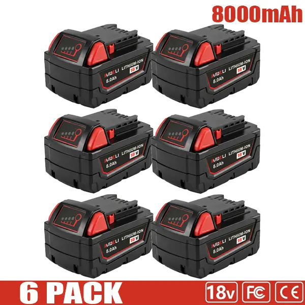 6-Packs M18 8000mAh 18V Replacement Battery for Milwaukee Replacing batteries with electrictools M-18Battery Pack 48-11-1865/48-11-1890/48-11-1850/48-11-1828/48-11-1820/4811-1815 Cordless Tools Compatible Lithium-ion8.0Ah battery
