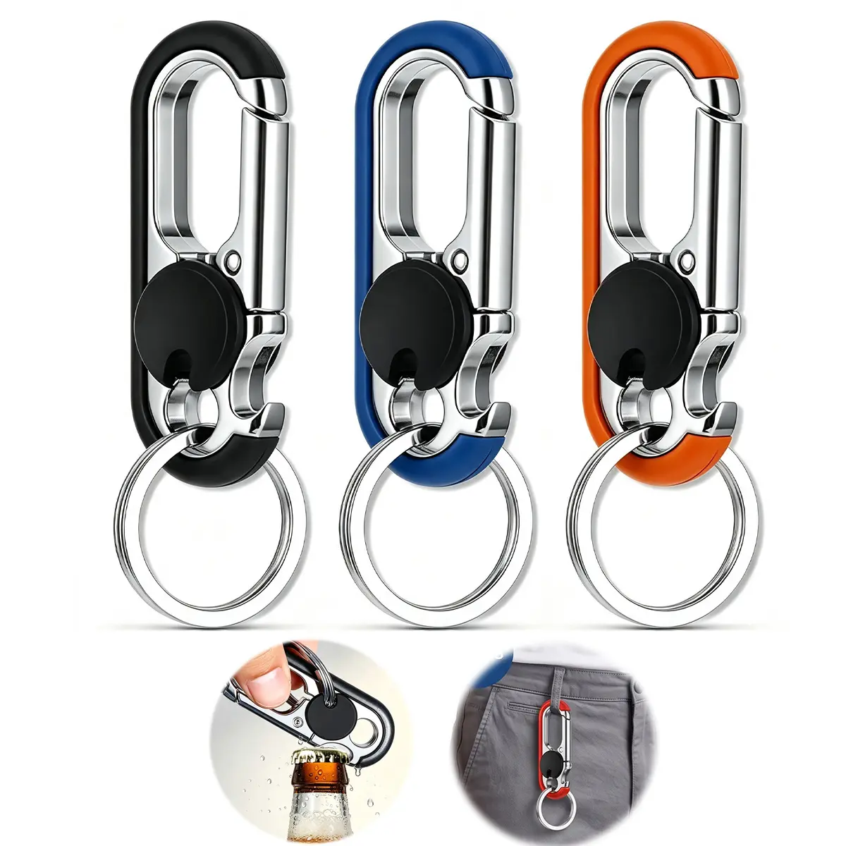 Men's Stainless Steel Keychains Set Pack - 3pcs Personalized Creative Zinc Alloy Car Key Chain with Handproof Rotate Clip & Bottle Opener Key Ring
