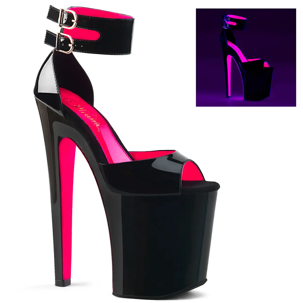 Pleaser Heeled Sandals, Women's Xtreme-875TT 2-Tone d'Orsay Fashion Platform with 8" Heel, Dual Buckle Cuffs & UV Reactive Bottom, High Heels, Bold Pink And Black Colorway