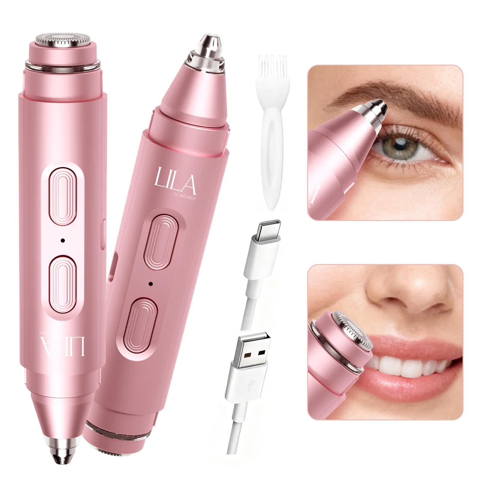 LILA 2-in-1 Rechargeable Dual-Head Eyebrow Shaper & Facial Hair Trimmer, Precision Shaver with LED Light for Painless Face, Chin, Lips Grooming, Rose Gold