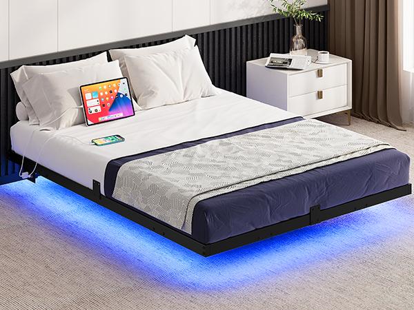 Yitahome Floating Bed Frame Full/Queen/King Size, LED Bed Frame with Charging Station, Metal Platform Full Bed with Heavy Duty Steel Slats Supports, No Box Spring Needed, Easy Assembly