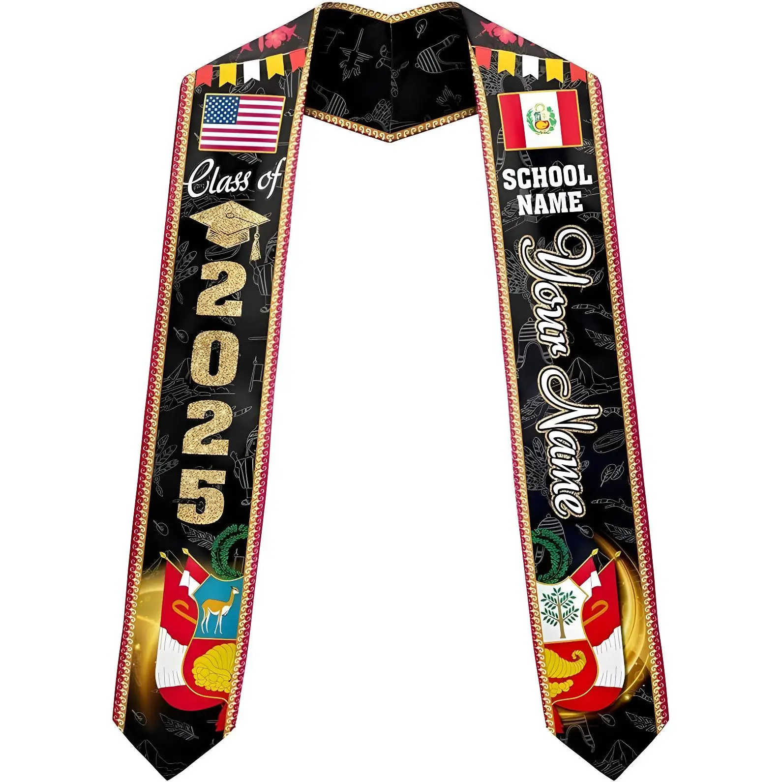 Personalized Peruvian Graduation Sash 2025, Peruvians American Flag Graduation Stole 2025, Custom Peru Graduation Sash