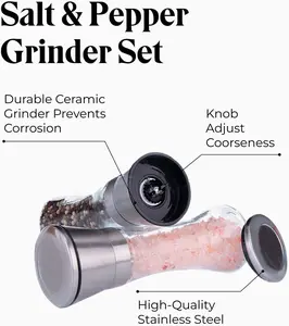 Salt and Pepper Grinder Set of 2 Stainless Steel Manual Spice Salt & Pepper Grinder Set With Adjustable 5 Grade Coarseness Ceramic Rotor Mill Grinders Shakers Gift Set with Silicone Funnel