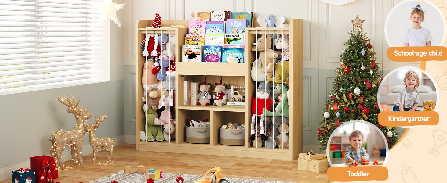 ONBRILL Two Wooden Stuffed Animal Storage, Toddler Toy Storage Organizer with 4-Tier Kids Bookshelf and 3 Open Cube Shlef, Multifunctional Bookcase for Kids Rooms Playroom Nursery