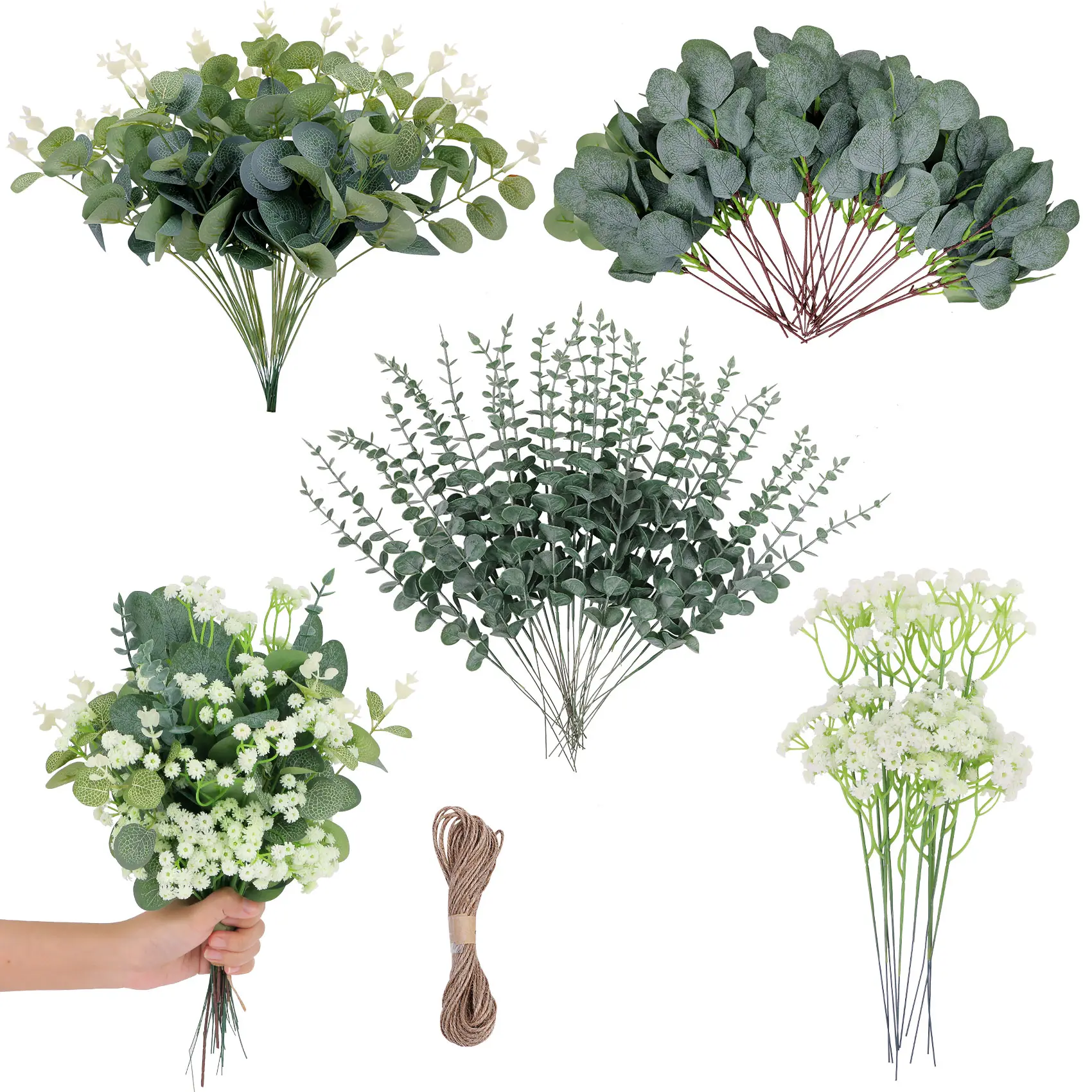 100 Pcs Mixed Artificial Eucalyptus Stems - Includes Faux Silver Dollar Eucalyptus Leaves, Baby’s Breath, and More for DIY Bouquets, Centerpieces, Weddings, and Home Décor