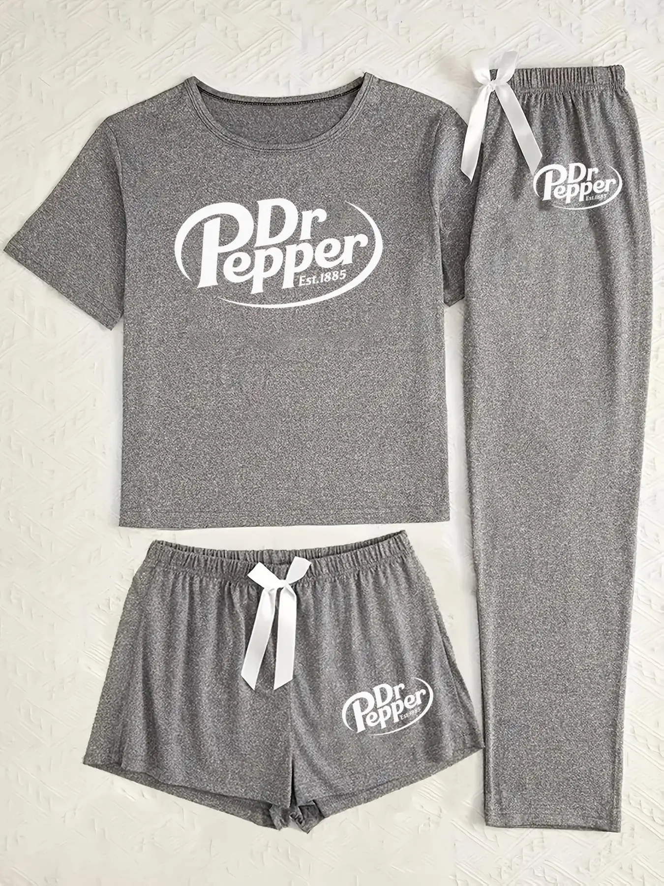 Women's 3-Piece Sleepwear Set with Pepper Doctor Logo Print, Casual Cartoon Design Fitted Pajama Set, Comfortable Loungewear, Cozy Matching Sleepwear Pjs for All Seasons
