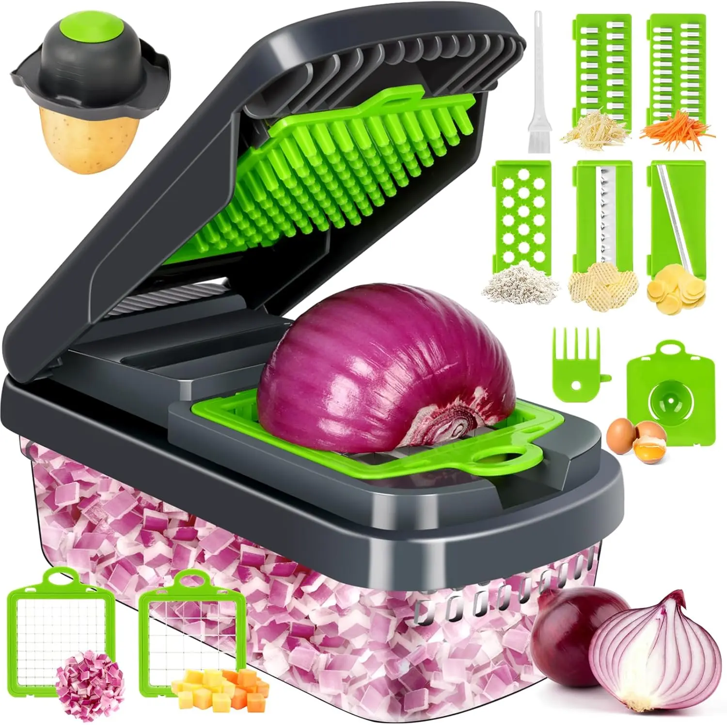 Grey 12-in-1 Multifunctional Stainless Steel Vegetable Chopper with 7 Blades, Storage Container - Practical Kitchen Utensils for Chopped Salad, Potato, Cheese