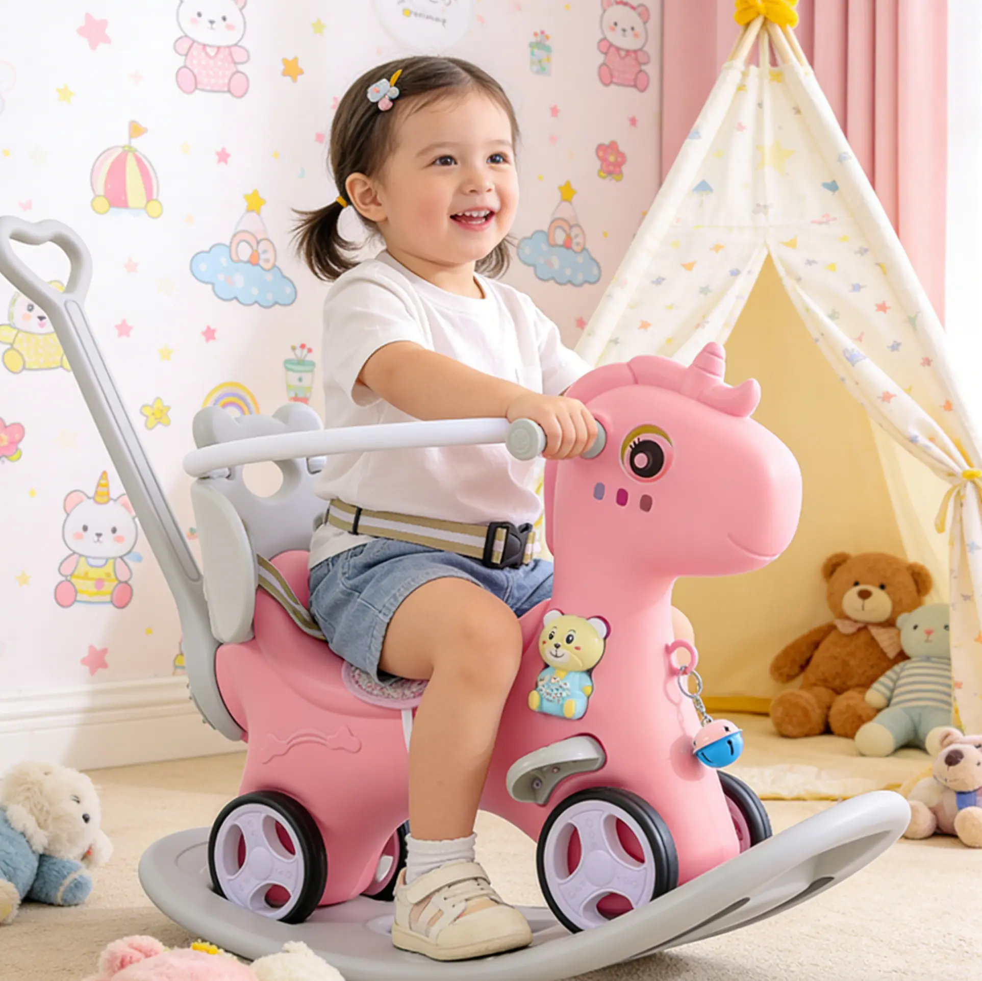 Unicorn Rocking Horse Ride On Toy for Toddlers 1-3 Years Old, Safe Balance Bike with Push Handle, Backrest & Balance Board, Universal for Boys & Girls, Ideal Gift for Birthday & Christmas