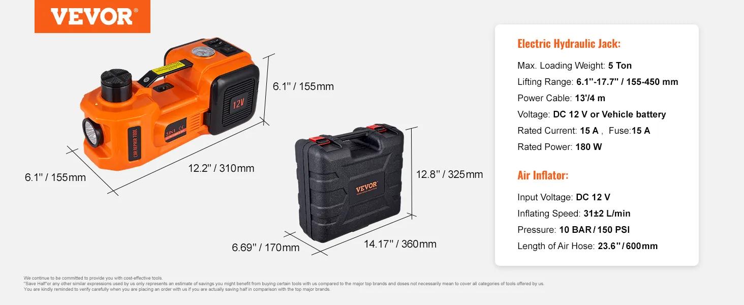 VEVOR  Electric Car Jack Set, TikTokShopBlackFriday, Max 5 Ton/11023 LBS Hydraulic Jack/Scissor Jack  with Electric Impact Wrench, Built-in Inflatable Pump and LED Light, Portable Car Lift for SUV MPV Sedan Truck Change Tires Garage Repair