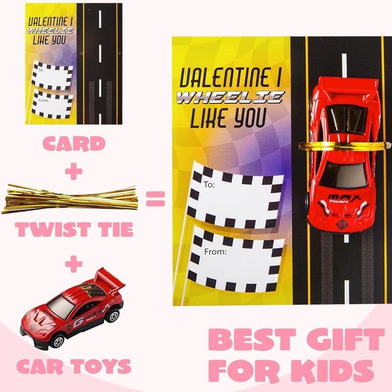 JOYIN 35 Valentines Day Die-Cast Racing Cars Gift Cards for Kids with Valentine’s School Classroom Exchange Greeting Cards, Vehicle Party Favor Toy Supplies
