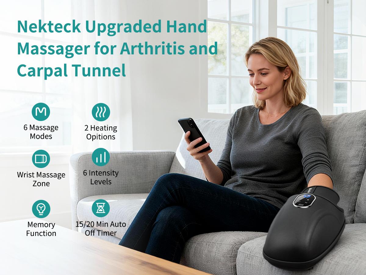 Nekteck Hand Massager with Heat and Compression, 6 Massage Mode, Massage for Wrist, Palm and Finger, Gifts for Women Men (Rechargeable)