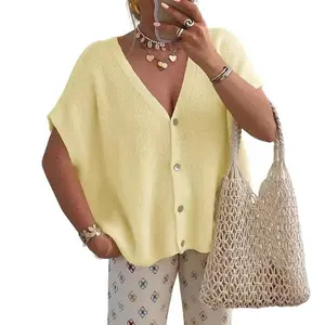 Women's Oversized Batwing Sleeve V-Neck Knit Cardigan - Lightweight Acrylic Fabric, Soft & Breathable, Ideal for Spring & Summer, Casual Beach Cover-Up Beach Lightweight Womenswear Basic Button Dress Fit Style Style Tops Vneck Vneck Short Solid Floral