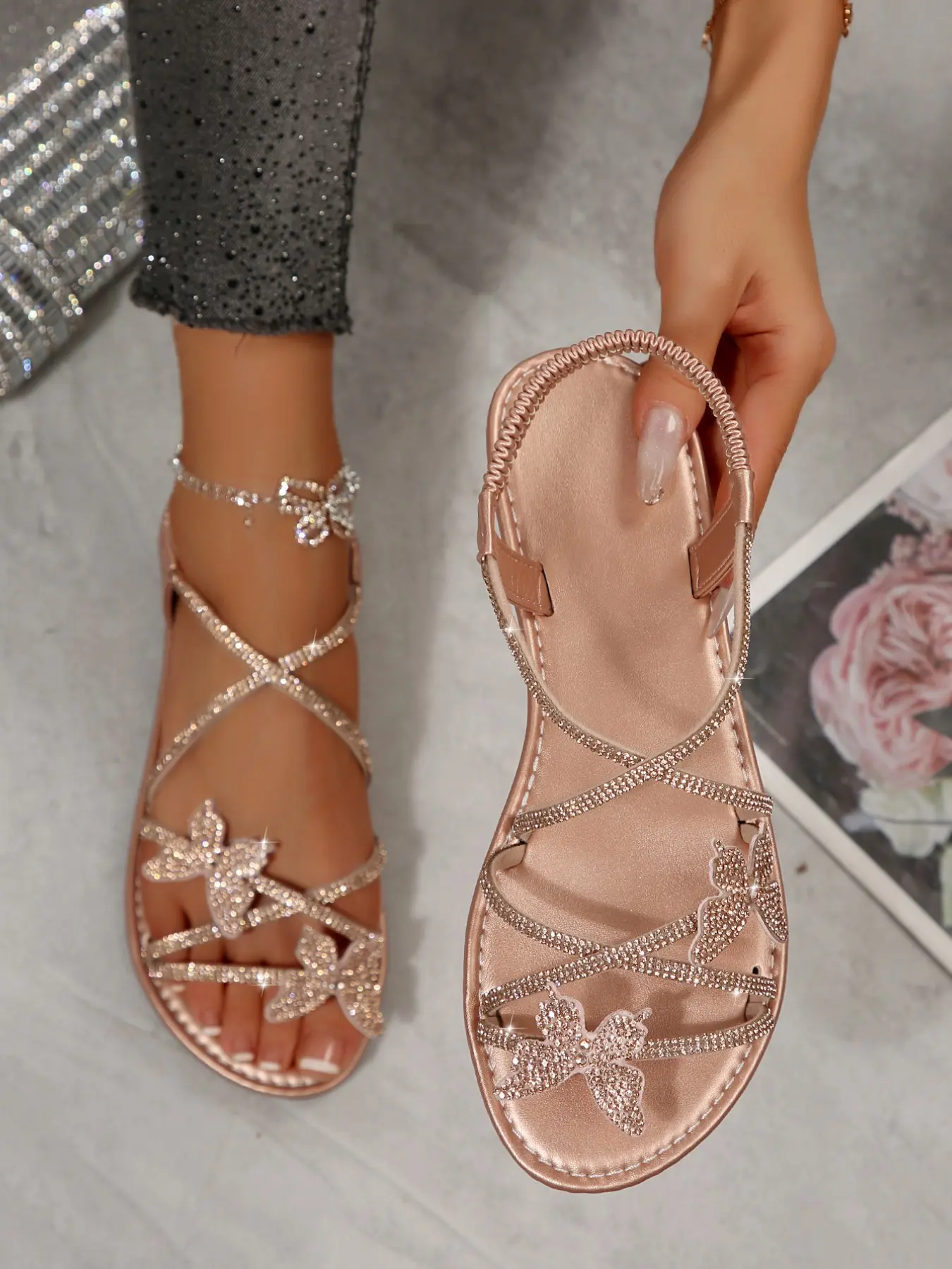 Women's Open-Toe Flat Sandals with Glass Rhinestone Strap & Cute Butterfly, Embellished Sandals Lightweight Slip-On Strappy Summer Sandals