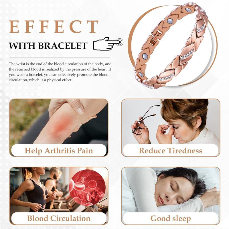 Women's Leaf Bracelet Pure Copper Magnetic 3500 Gauss Effective Magnet with Diamonds for Outdoor Fun Rose Gold