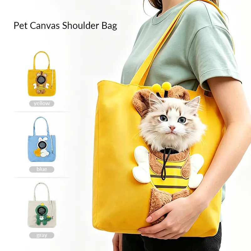 Pet Canvas Shoulder Tote Puppy Carrier Purse for Small Cats & Puppies - Cute Cartoon Prints, Adjustable Drawstring, Secure Carry, 2 Sizes (M-L), 3 Styles (Bee-Rabbit-Dinosaur), 3 Colors (Yellow-Blue-Gray), Fits 0-8kg Pets