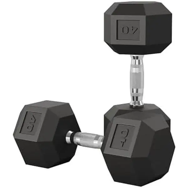 40 LB Anti-Roll Rubber Coated Cast Iron Hex Dumbbell Set Pair, Textured Handle Gym Accessory for Home Gym Weights, Fitness & Ab Training