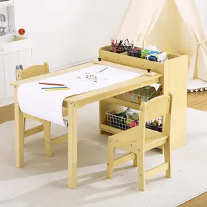 Yellow Kids Art Table and Chairs Set, Toddler Craft Play Wood Activity Desk With Large Storage