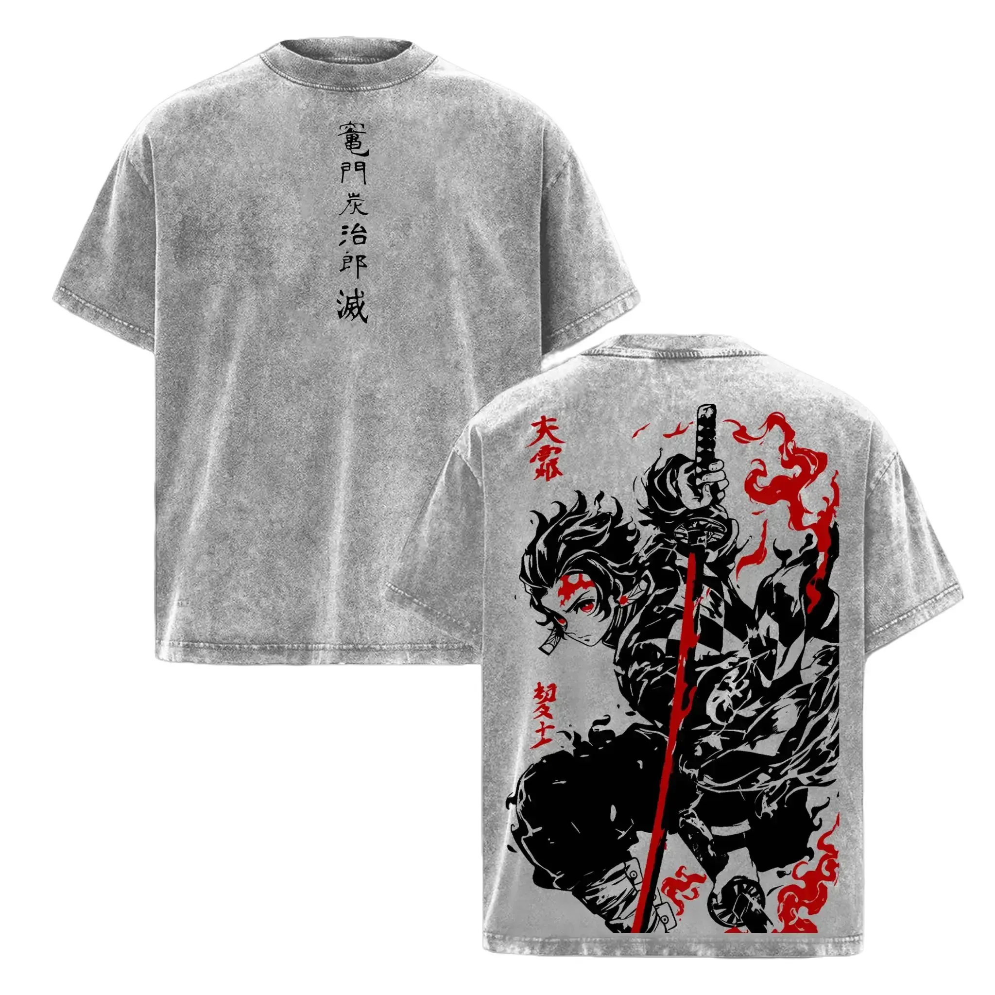 Men's Tanjiro Kamado Demon Slayer Kimetsu no Yaiba Soft Short-Sleeve T-Shirt Top - Vintage Washed, Oversized, Heavy Cotton, Breathable, Round Neck, Unisex Retro Streetwear, Vintage Graphic Tees Gift for Otaku Fans