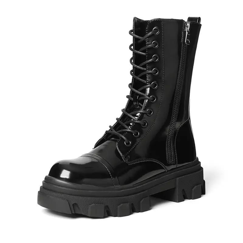 Dream Pairs Women's Mid-Calf Combat Boots - Lace-Up PU Leather with Side Zipper, Chunky Platform, Low Heel, Round Toe, TPR Outsole, Footwear, Casual Sporty Chic Statement Shoes, Easy Walking, Pairs with Dresses Skirts or Jeans, Dress-to-Jeans Chunky Shoes