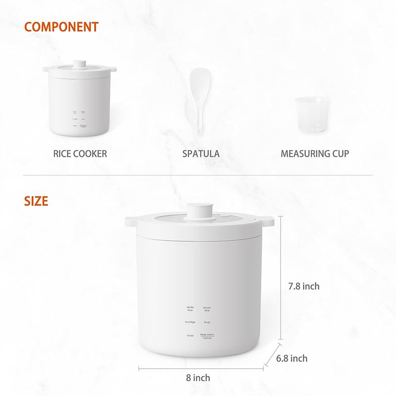 MALMES Mini Rice Cooker 2 Cup Uncooked, Small Electric Cooker, with 4 Cooking Functions, 24 Hour Preset and Heat Preservation, Anti Scald Carry Handle
